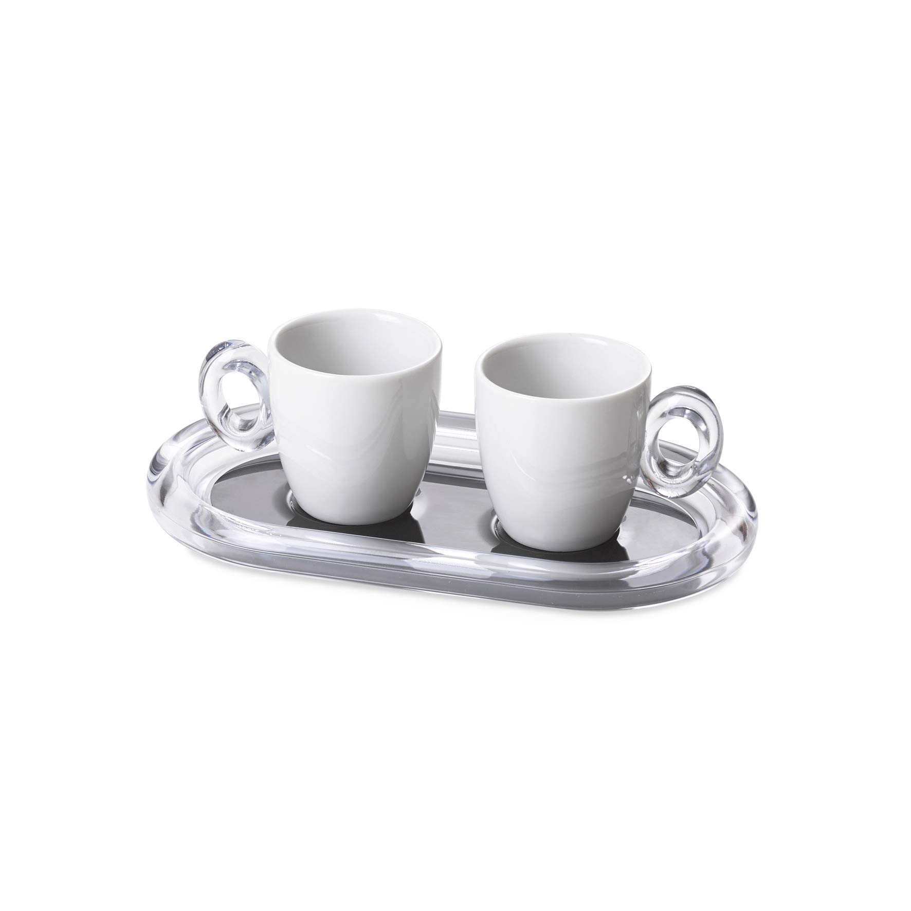 omadaDesign 2 Coffee Cups with Tray, 3,04 fl oz in Porcelain and Transparent Acrylic, Crystal line, Black