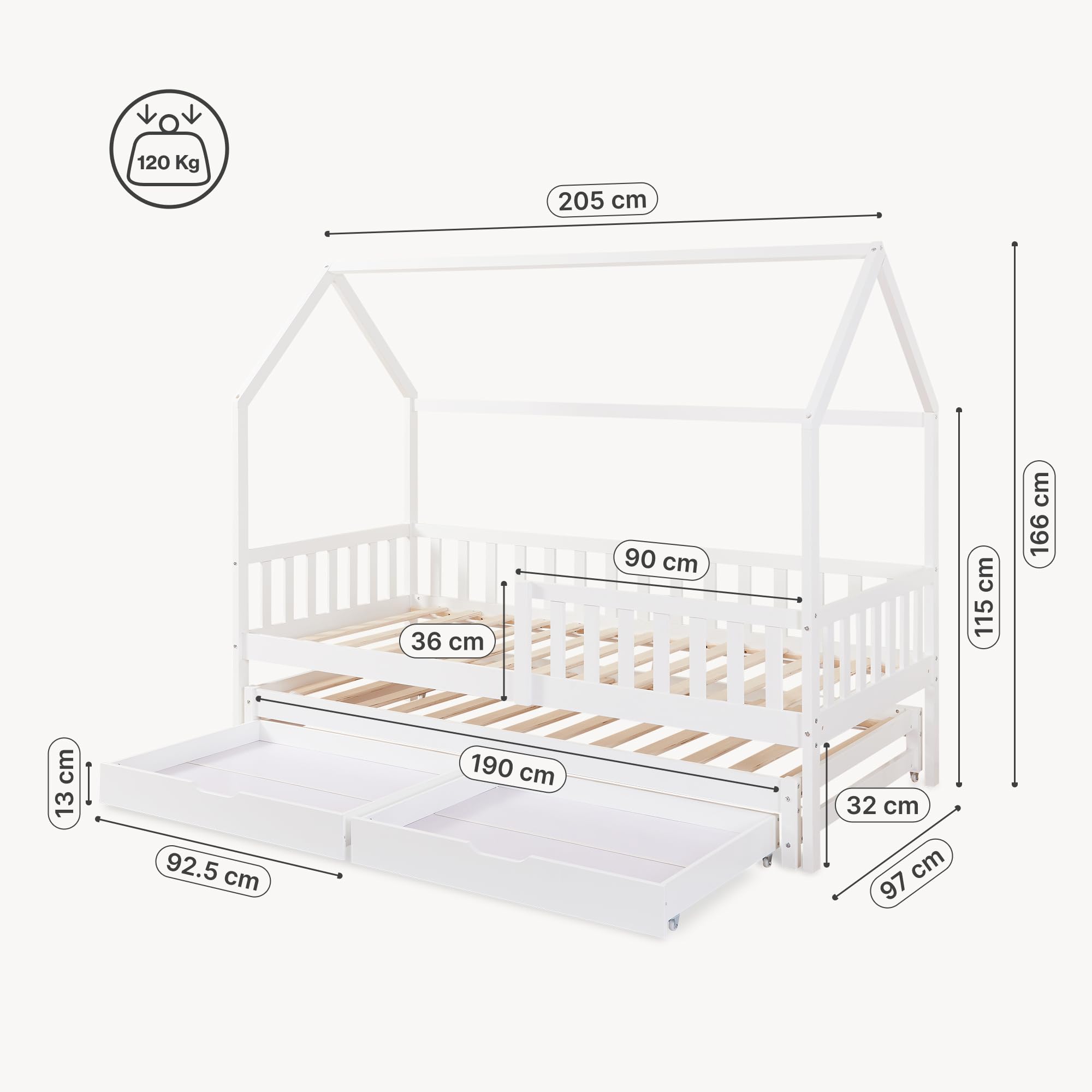 [en.casa] Letto per Cameretta a Forma di Casetta con Letto Estraibile Struttura in Legno di Pino a 2 Piazze con Barriera Anticaduta e 2 Cassetti 90x200 cm - Bianco