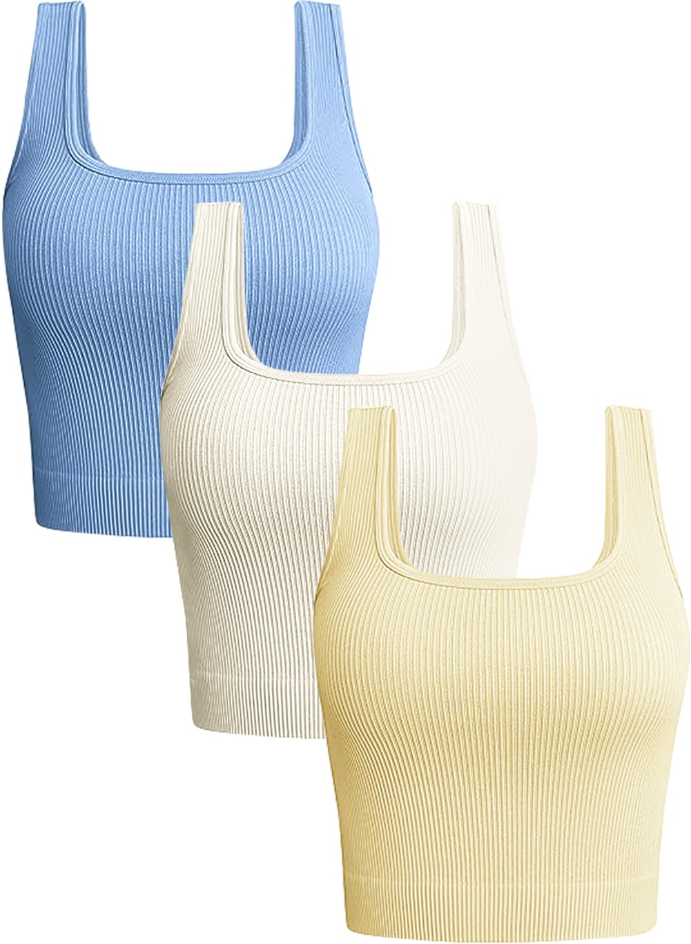 OLCHEE Womens 3 Pack Crop Tank Tops Basic Seamless Ribbed Sleeveless Square Neck Workout Top Summer Exercise Yoga Gym Shirts