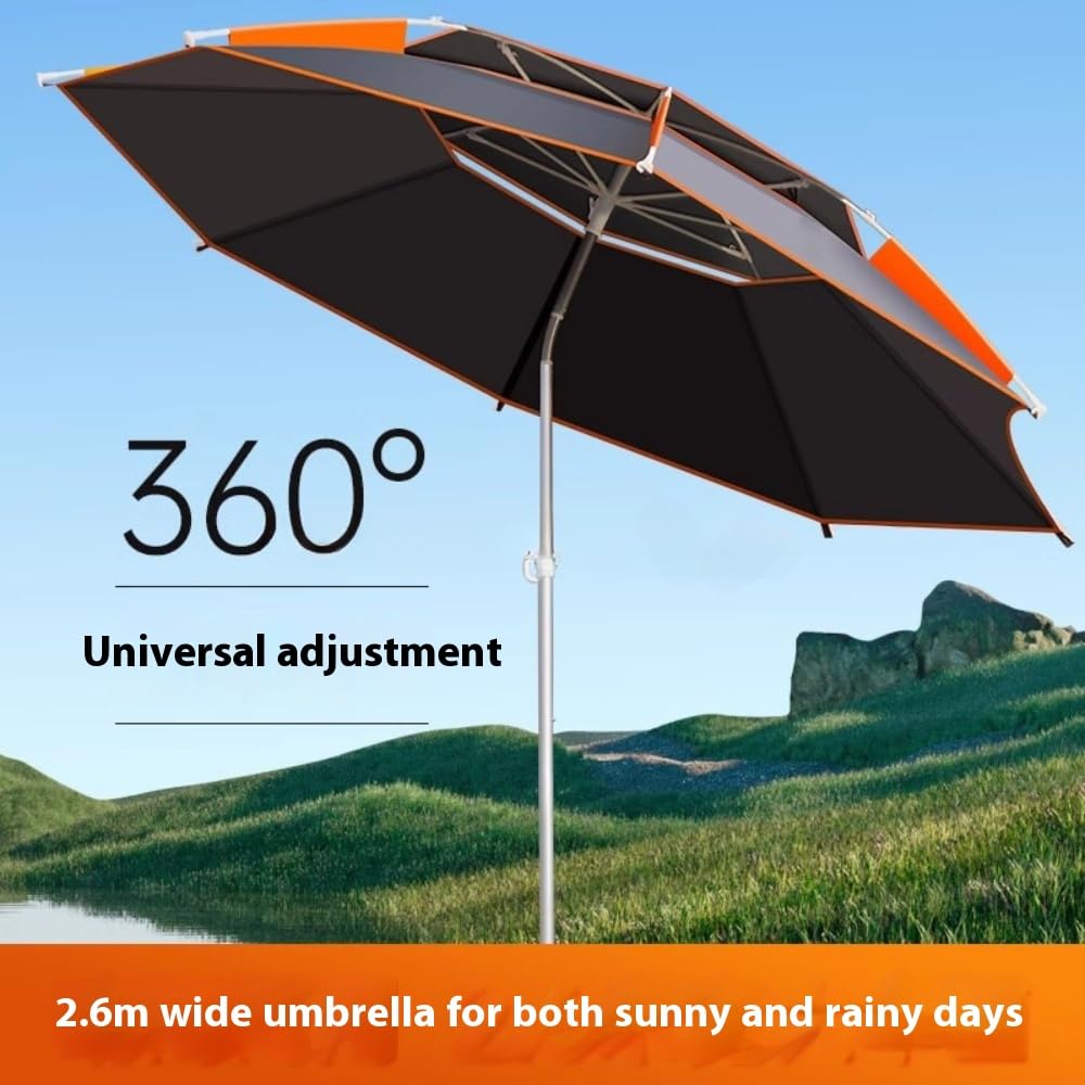 Parapluie de pêche – Coupe-vent avec protection solaire UPF50+, design pliable portable pour la pêche au bord de la rivière et du lac, piquet de sol inclus (parapluie universel en métal noir épais
