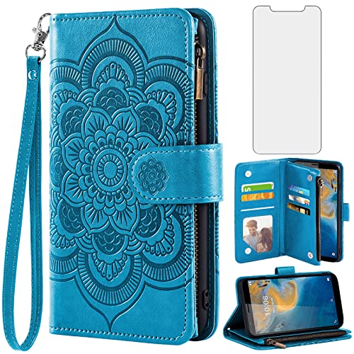 Asuwish Phone Case for ZTE Blade A31/Avid 589 Z5158 Wallet Cover with Tempered Glass Screen Protector and Flower Leather Flip Credit Card Holder Stand Purse Wrist Strap Cell Accessories Women Men Blue