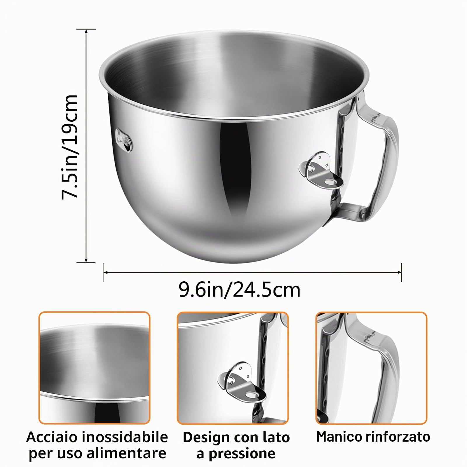 Ciotola per Impastatrice in Acciaio Inox Compatibile con le Impastatrici con Sollevamento Della Ciotola da 7 Litri Kitchen Aid