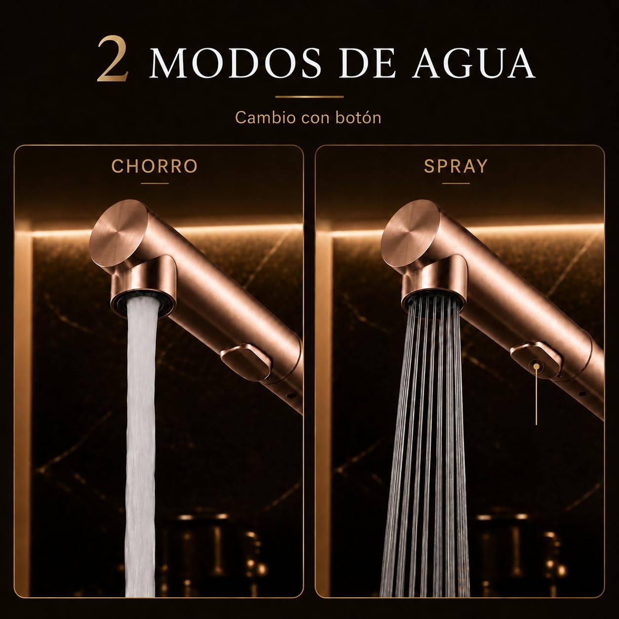 Grifo Cocina Extraíble con Doble Función | Grifo Fregadero Cocina Monomando Flexible y Giro 360° | Grifería Cocina IMEX Oporto (Oro rosa cepillado)
