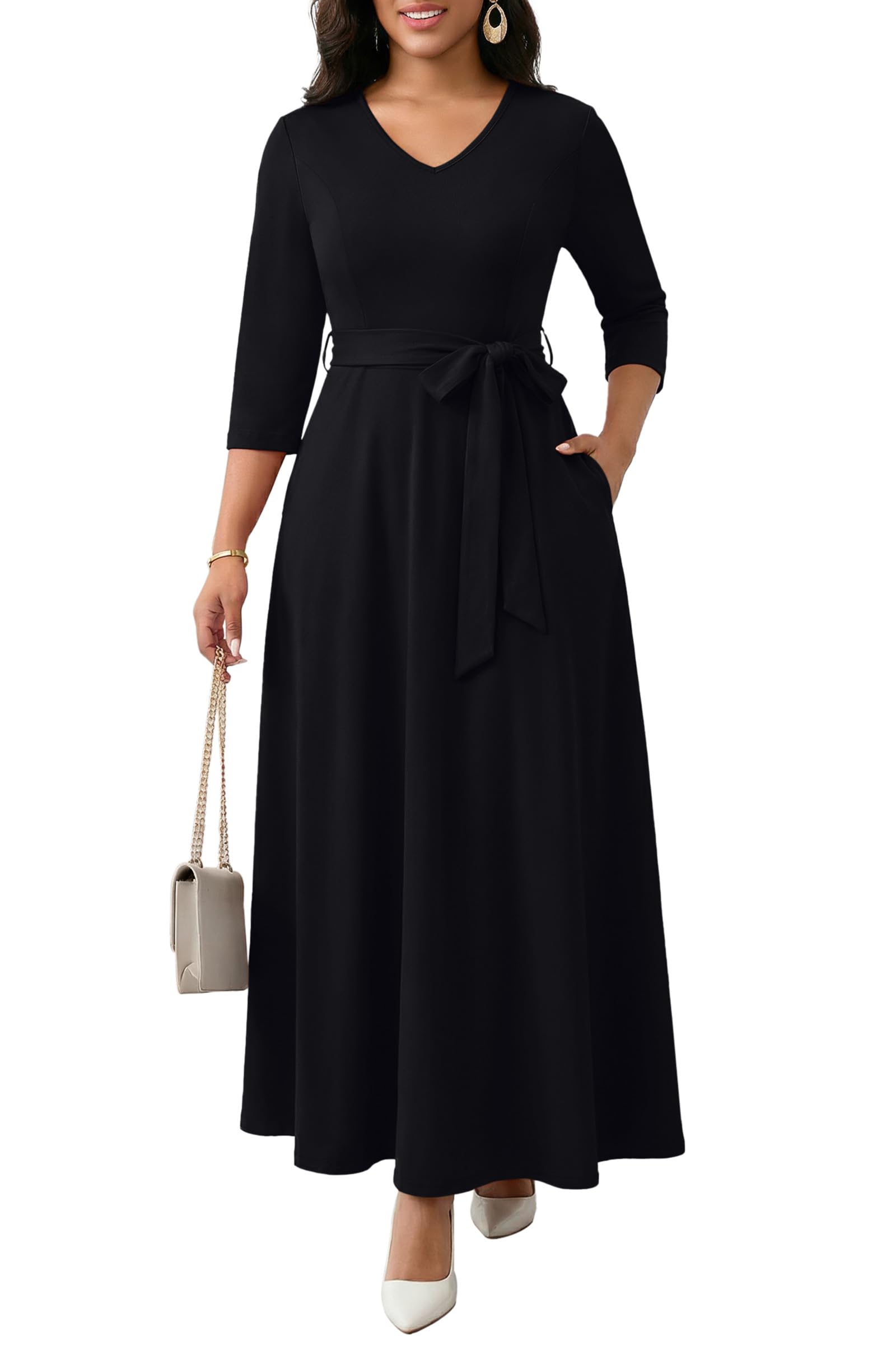 Maxi Dress for Women 3/4 Sleeve A line V Neck African Print Church Long Dresses with Pockets