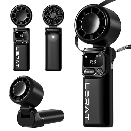Lerat Portable Handheld Turbo Fan, 5-Speed High Power Mini Fan, 4000mAh Rechargeable Battery Operated, 3-in-1 Foldable Personal Fan for Travel, Beach, Cruise, Gifts for Women Men, Black