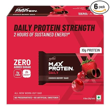 RiteBite Max Protein Daily Choco Berry 10g Protein Bars [Pack of 6] Protein Blend, Fiber, Vitamins & Minerals, No Preservatives, 100% Veg, No Added Sugar, for Energy, Fitness & Immunity - 300g
