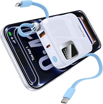 ULiXWH Power Bank 10000mAh Large Capacity Lightweight Compact Portable Charger with Lightning Type-C Cable 22.5W PD Compatible Type C Lightning Cord Included with Carabiner 4 Devices Simultaneously