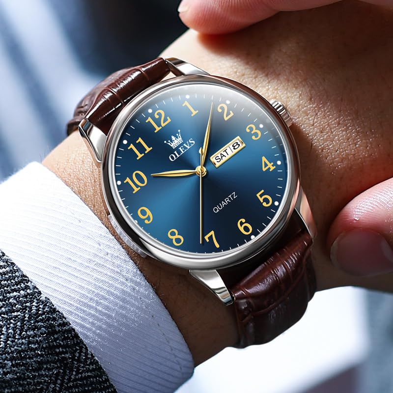Image of OLEVS Men Watches Dress Waterproof Leather Band Classic Large Face Luxury Watches for Men Casual Fashioned Nice Analog Watch Men Day Date Easy Reader Quartz Original Business Adjustable Watches Men