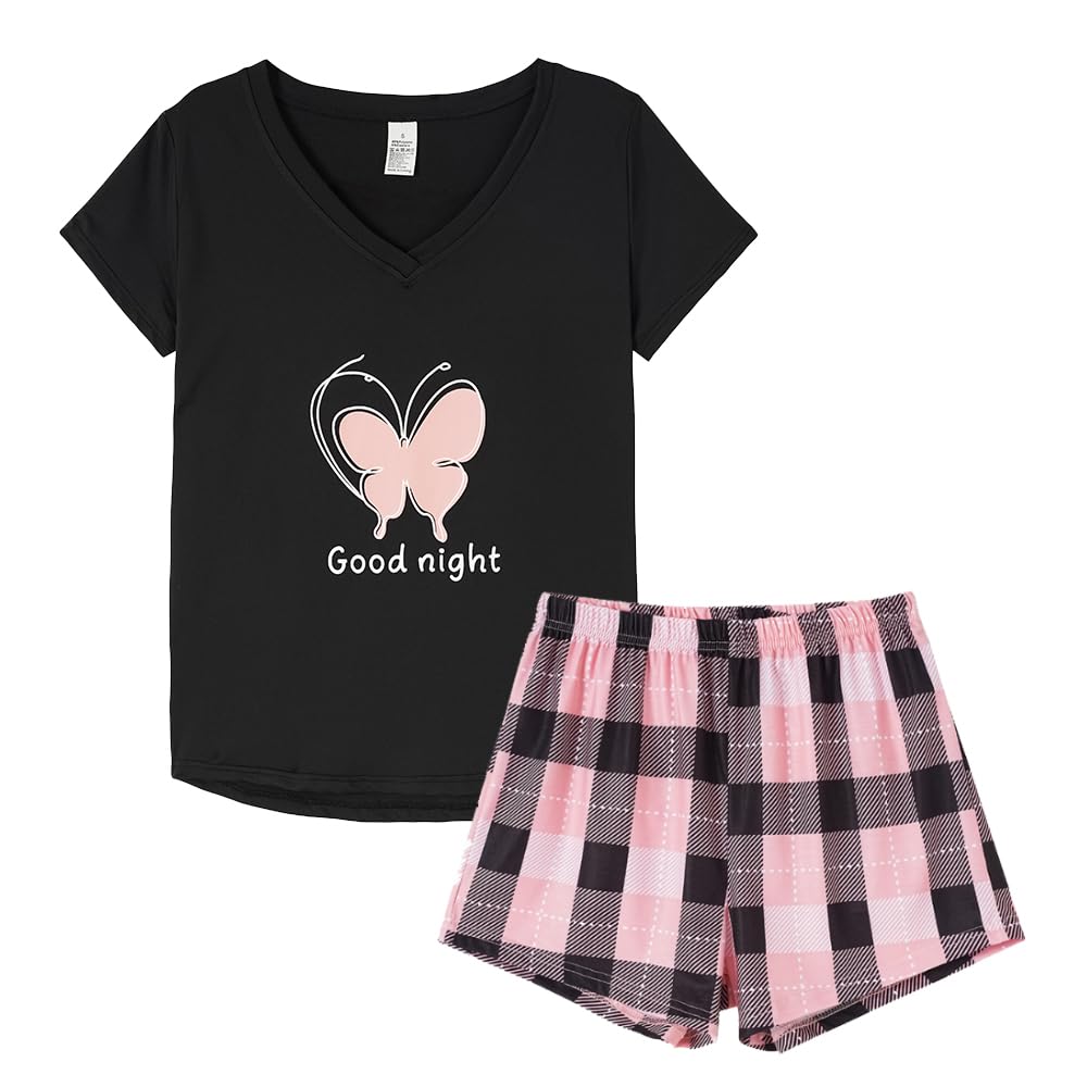 VENTELAN Pajama Set For Women Cute PJS Summer Short Sleeve Shorts Sleepwear Small Butterfly-black