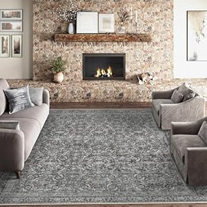 8x10 Washable Area Rug Black Grey Vintage Non Slip Soft Medium Pile Rug for Living Room Bedroom Dining Room Office Distressed Oriental Indoor Large Throw Carpet for Home Decor
