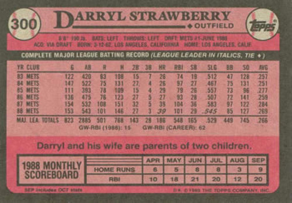Amazon.com: 1989 Topps Baseball #300 Darryl Strawberry New York