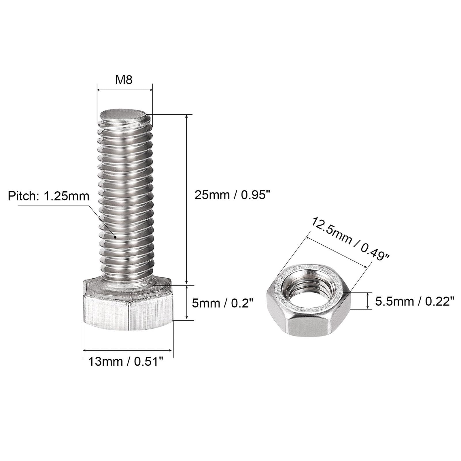 TOP-VIGOR 4Pcs M8 x 25mm Hex Head Screws Bolts, Nuts, Flat & Lock Washers Kits - Image 2