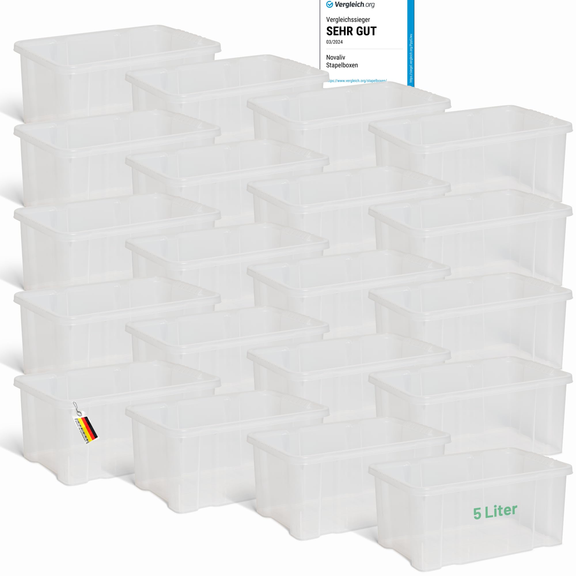 Novaliv 20x Aufbewahrungsboxen ohne Deckel 5L 30 x 19 x 14 cm transparente Nestbar stapelbare Storage boxes Kunststoff BPA-frei