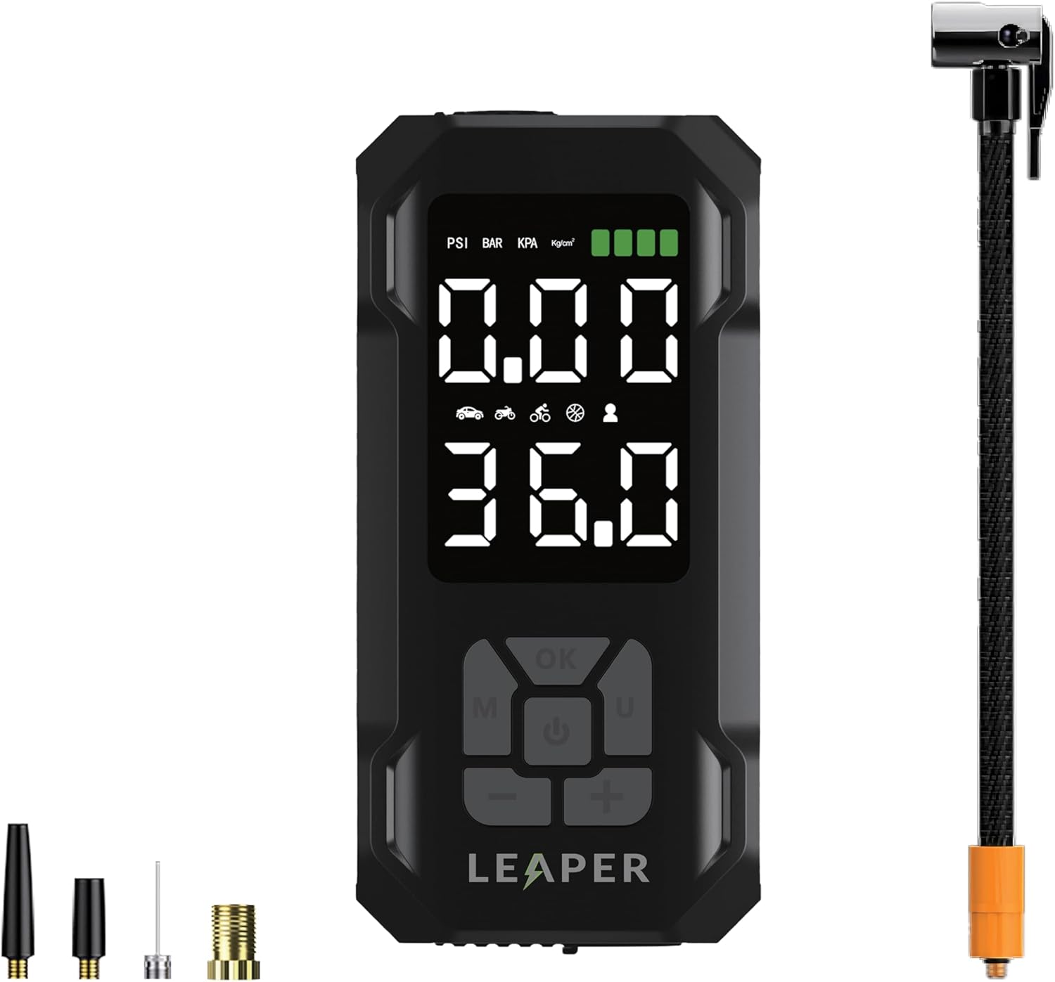 Leaper Portable Air Compressor, Black, 7500mAh Capacity. 150PSI Rating and 3.6'' Digital Screen. 4 Inflation Adapters Included, Cloth Bag Packing