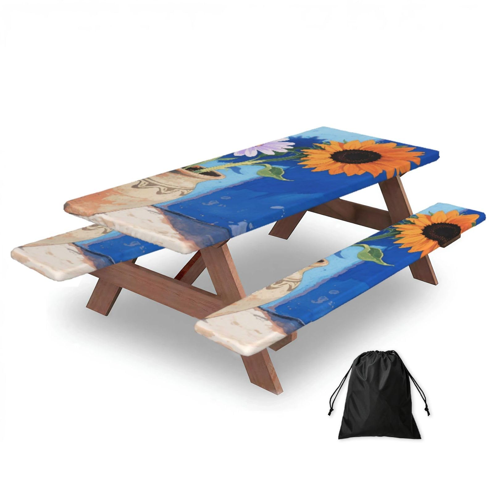 FekiLoot Daisy Sunflower Picnic Table Cover with Bench Covers and Bag, Windproof Waterproof Rectangle Tablecloth with Elastic Edges Fitted Camping Table Covers Portable Camping Accessories