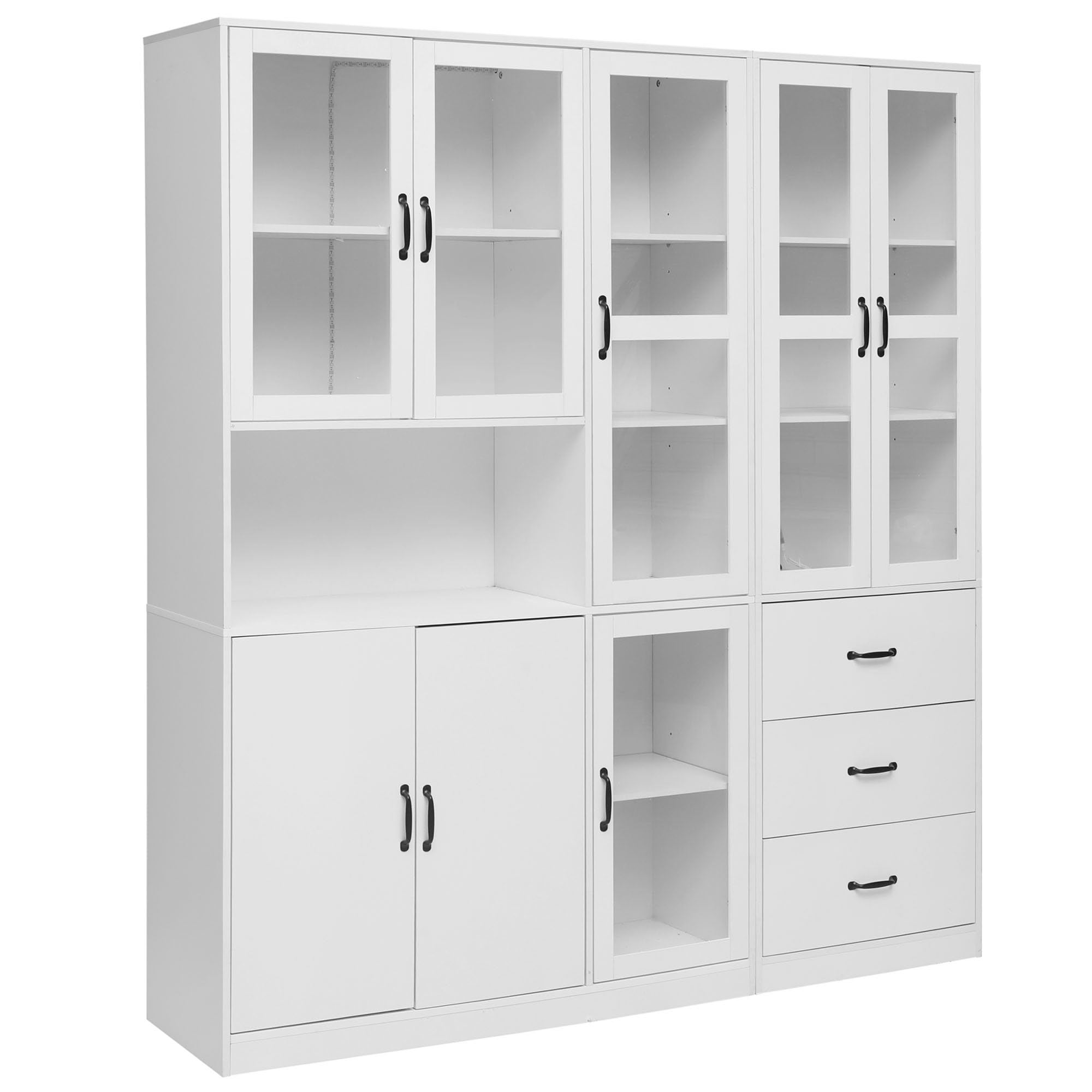 Elegante set di vetrine componibili bianche, alte 200 cm e lunghe 180 cm, autoportanti, con illuminazione a LED, 8 ante e 3 cassetti: perfette per valorizzare la tua casa
