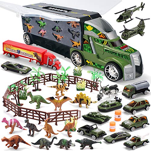 Dinosaur Carrier Truck with 12 Dinosaurs and 13 Vehicles DinosaurPark Pretend Play Toy with Military Vehicle, Tanks, Helicopter, Dinosaur Figures