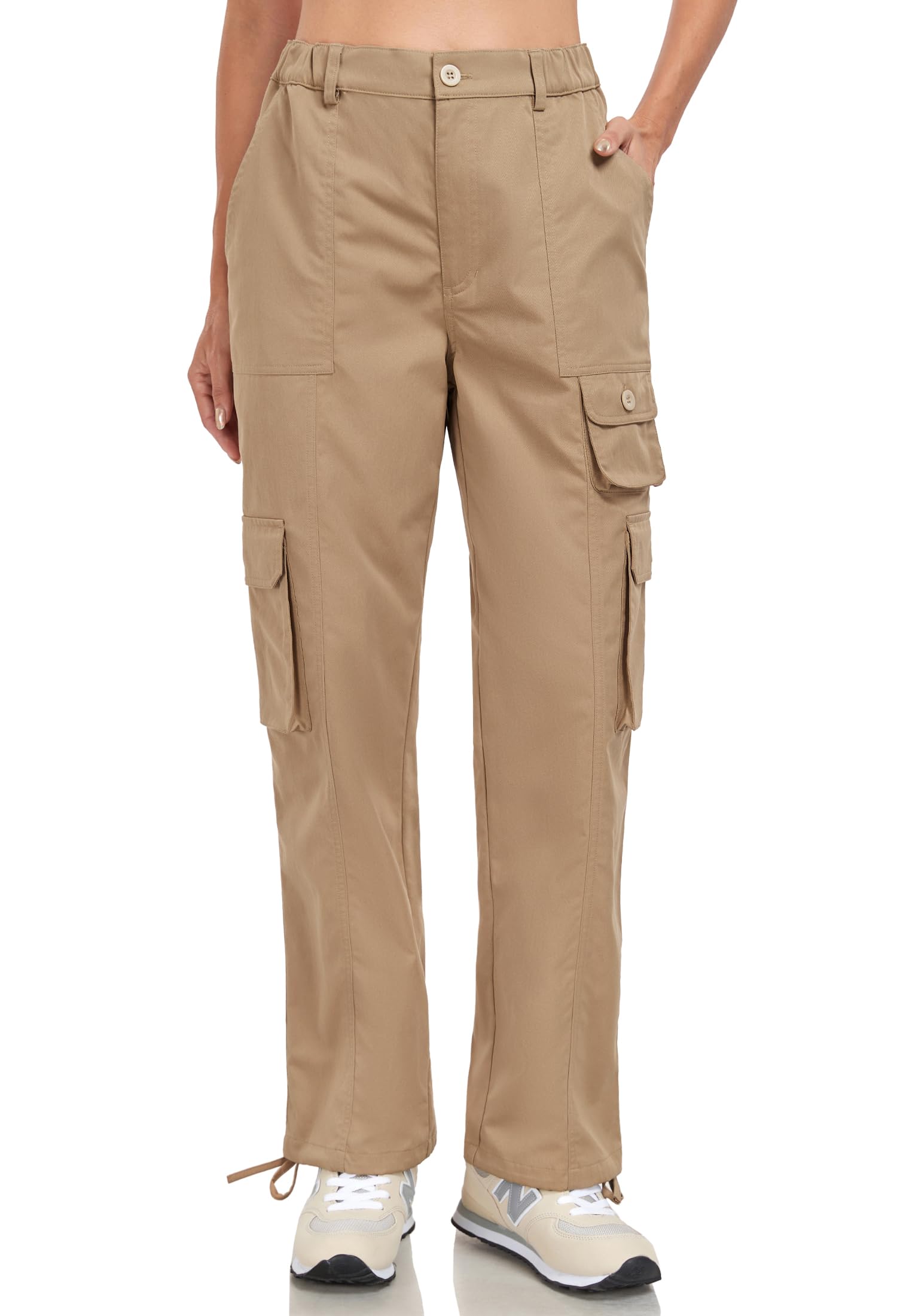 Womens Cargo Work Pants Elastic Waist Straight Leg Casual Travel Hiking Pants Loose Cotton Military Pants 7 Pockets