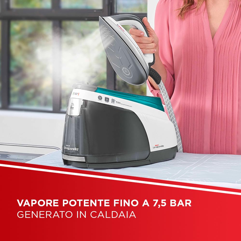 Polti La Vaporella XT100C, Ferro da Stiro a Vapore con Caldaia, Pressione 7,5 Bar, Autonomia Illimitata, Capacità 1,4 L, Potenza 2350 W, Steam Pulse 500g, Bianco e Turchese