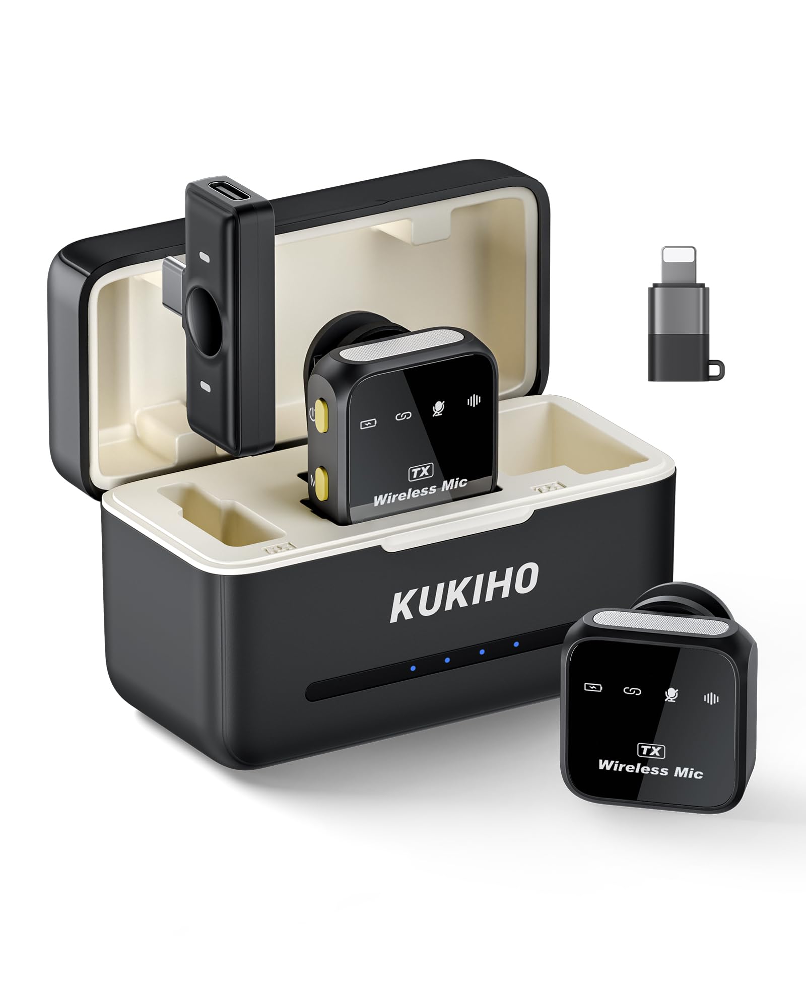 KUKIHO Microfono inalambrico Mini de Solapa para iPhone y Android，Microfono de Clip para Video/Vlogs/Youtube/TikTok Podcasts Estuche de Carga, 80h de autonomía, 50m Alcance.