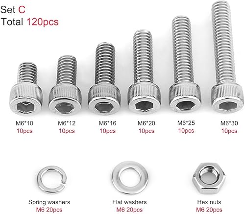 Miniatura 2 de 120 piezas de tornillos de cabeza hexagonal de acero inoxidable M6, tornillos, tuercas y arandelas, kit surtido utilizado en el hogar y la oficina