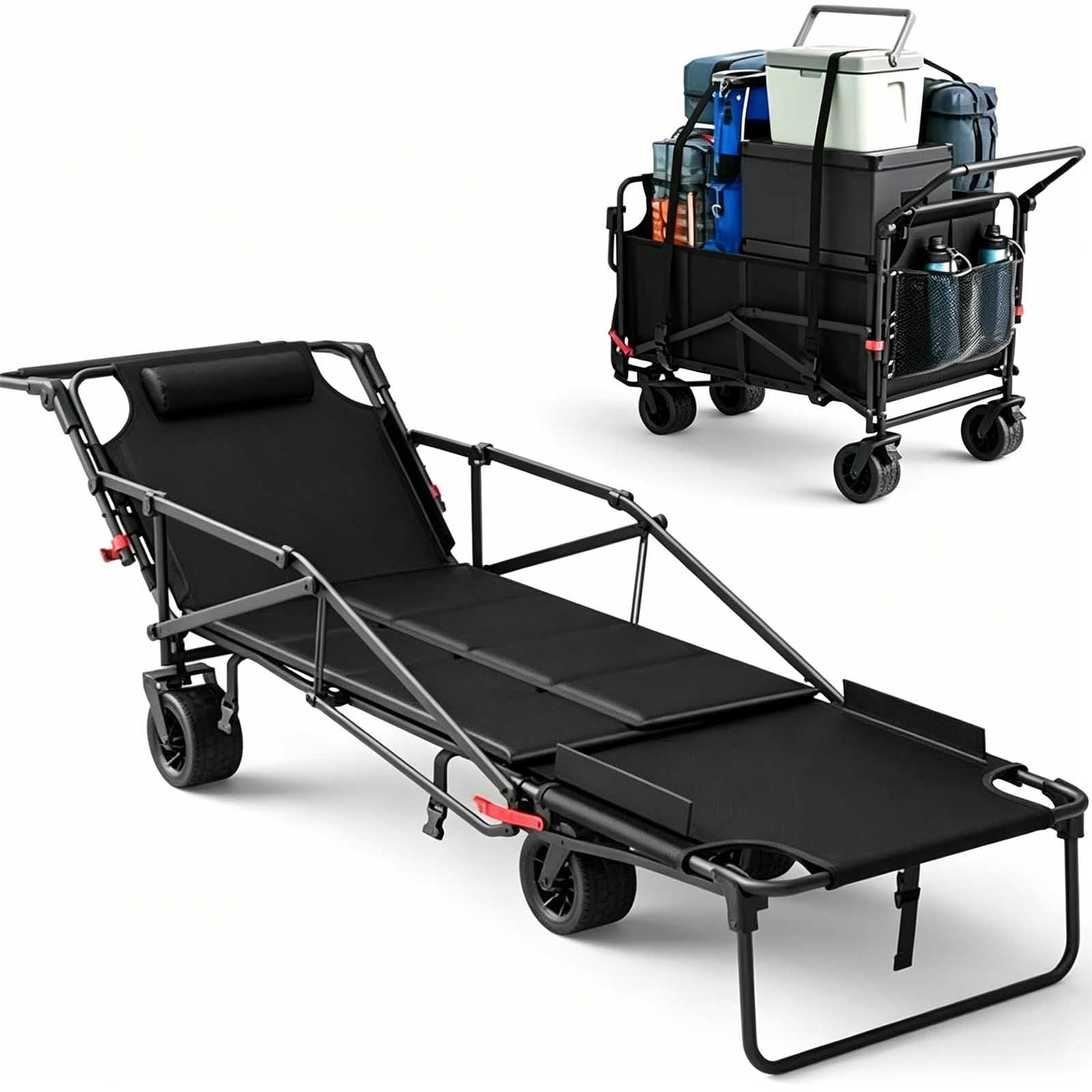 Chariot pliable avec roues tout terrain, capacité de 200 kg, fonction 2 en 1 pour la plage, l'extérieur et le jardin, design pliable pour un rangement facile