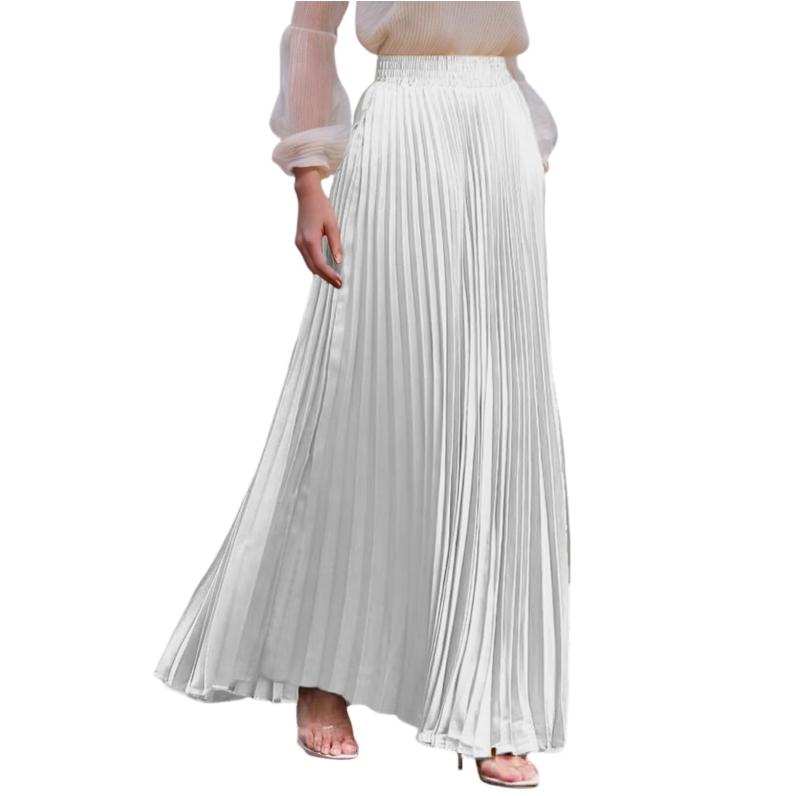 Satin Skirts for Women Boho Pleated Maxi Skirt Elegant Elastic Swing Long Skirt High Waist A Line Casual