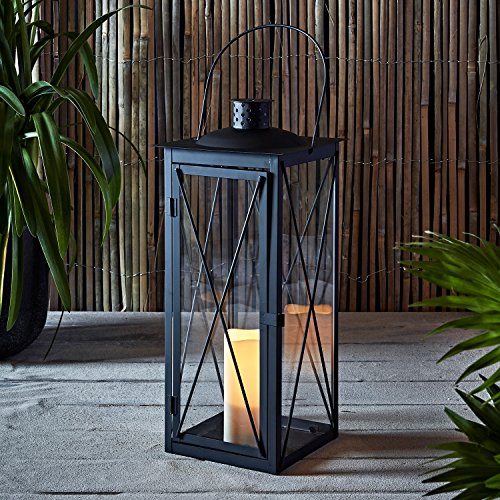 Tall Black Metal Battery Operated LED Flameless Candle Lantern for Indoor Outdoor Use
