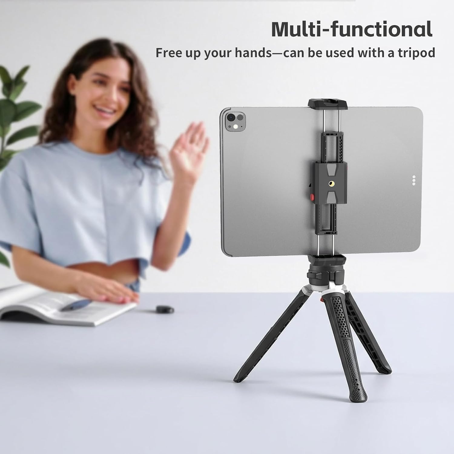 iPad and Phone Tripod Mount,Dual-Purpose Phone and Tablet Holder with Adjustable Clamp, Compatible with Devices up to 12.9Inches,1/4 Inch Screw fits iPad Pro 12.9,Air Mini 3/4,Galaxy Tab,Selfie Stick