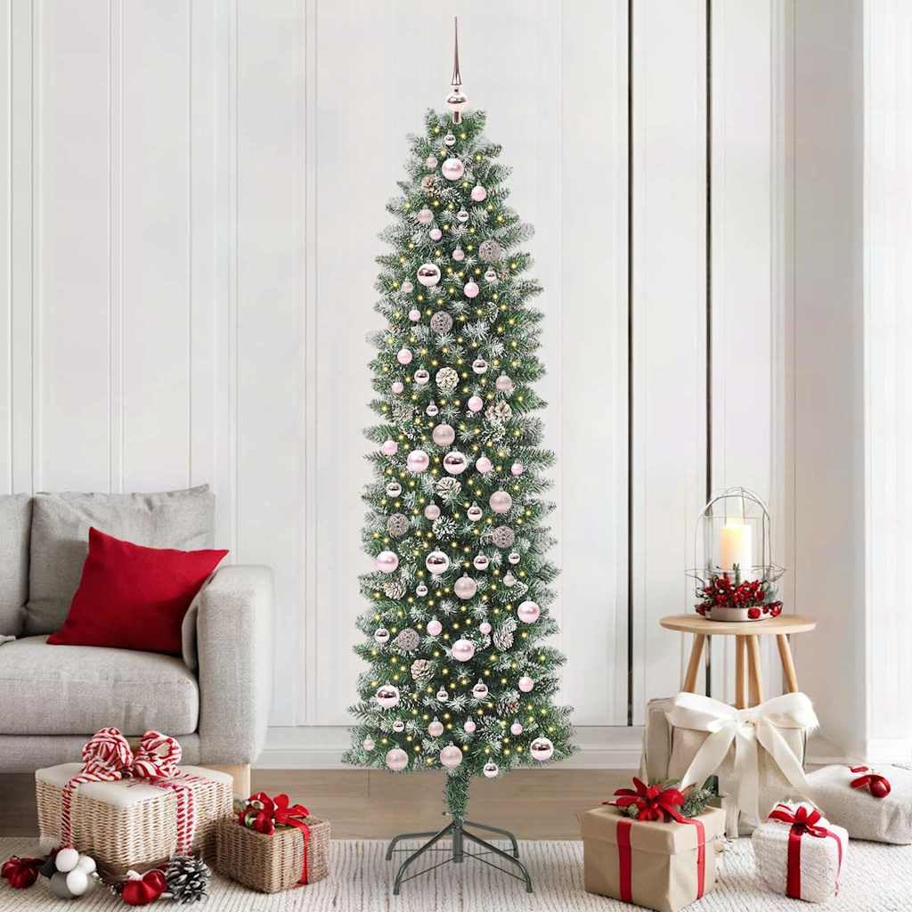 Árbol de Navidad artificial estrecho de 210 cm, verde y blanco, con 450 puntas de PVC, 300 ledes blancos cálidos y 8 modos, ideal para interiores, decoración festiva