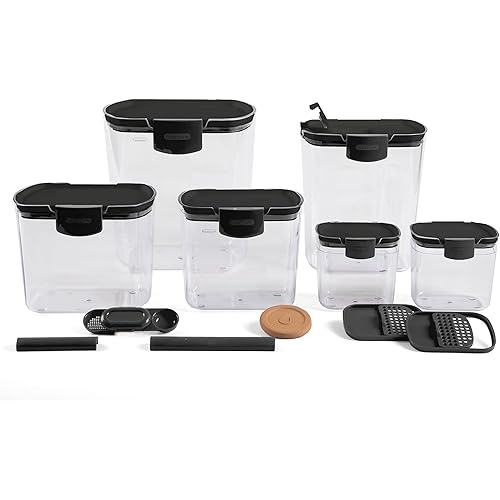 Progressive ProKeeper Baker's Airtight Kitchen Storage Canister Container Set for Flour, Sugar & More, Keeps Ingredients Fresh, with Accessories (Black, 6- Piece)