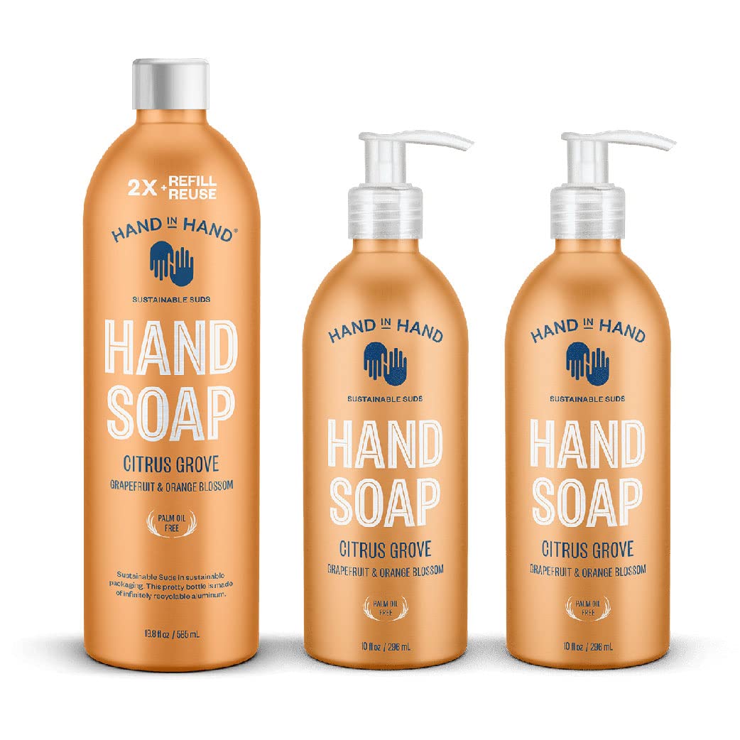 Hand in Hand Nourishing Liquid Hand Soap 19.8 Fl Oz. Refill + 10 Fl Oz. Twin Pack, Grapefruit & Orange Blossom, Citrus Grove Scent