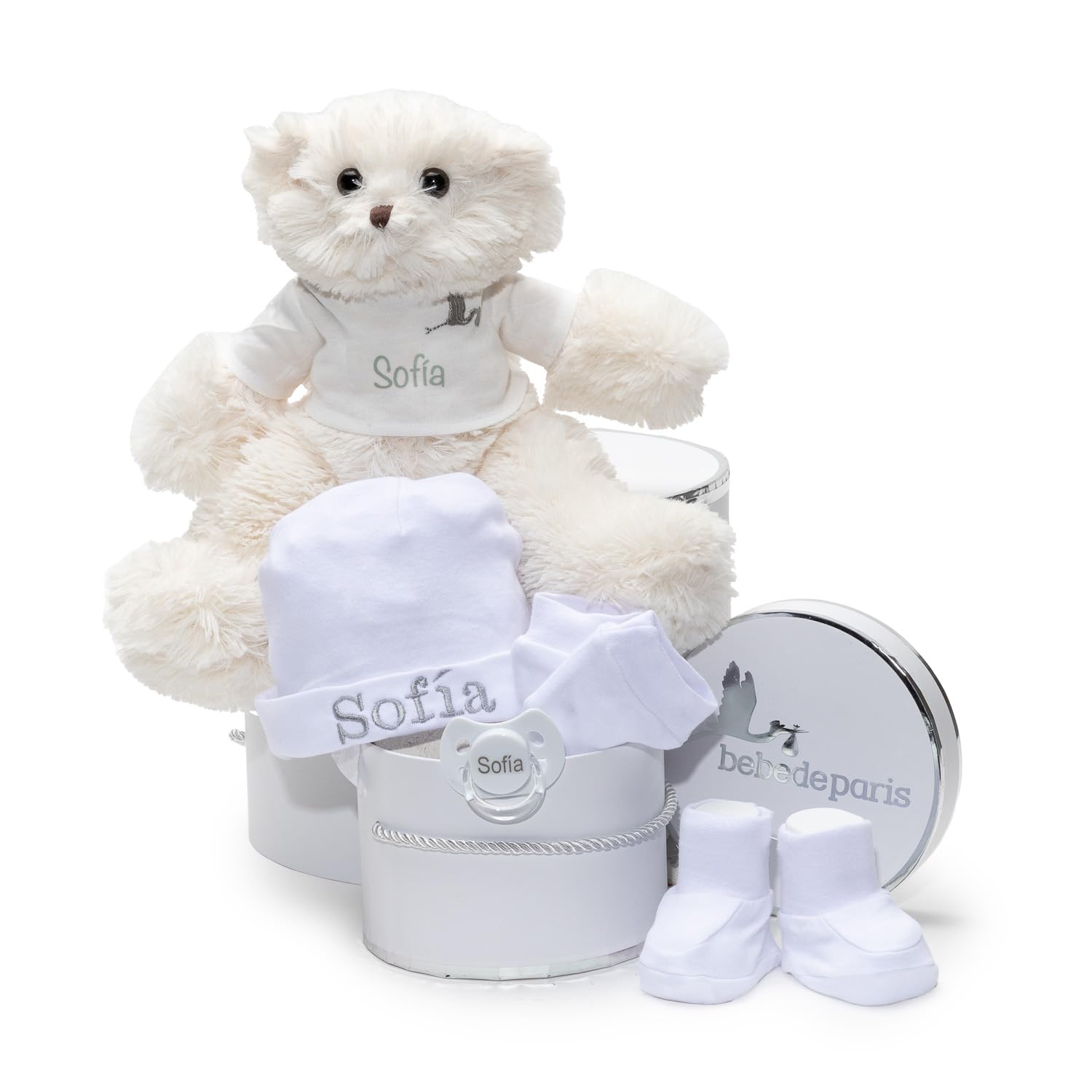 Cesta de Regalo para Bebé con Oso de Peluche Rosa | Set de Gorro + Manoplas y Patucos Personalizados + Chupete con Nombre de Bebé | Hecho a Mano en España (Gris) | BebeDeParis