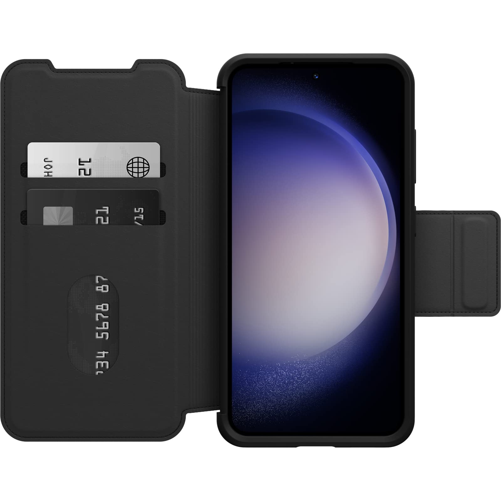 OtterBox Cover per Samsung Galaxy S23 Strada, resistente a shock e cadute, vero cuoio, 2 slot carte di credito, testata 3x vs norme MIL-STD 810G, Nero