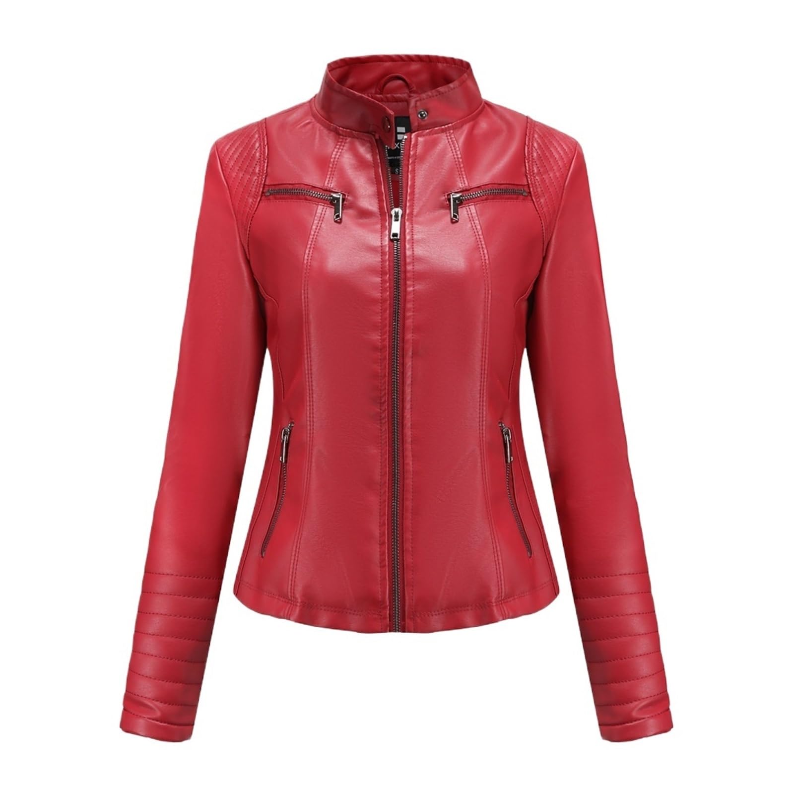 Chaqueta Cuero Mujer Women's Slim Leather Jacket Stand Up Collar Zipper Stitching Monochromatic Coat Para salir