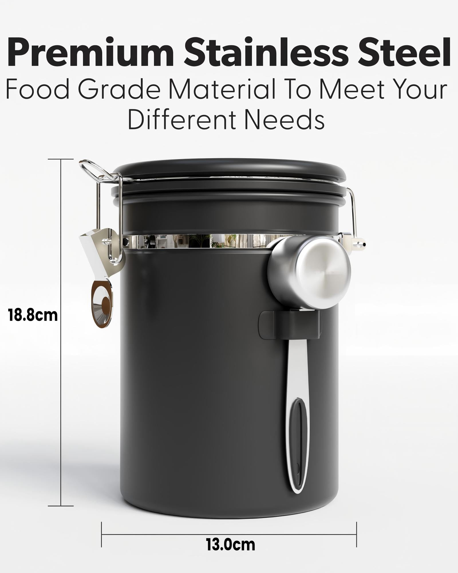 COMIWIN 1500ml Coffee Canister with Window 16oz, Date Tracker & Scoop, Ground Beans, Airtight Stainless Steel Kitchen Food Storage Container, Tea, Cereal, Sugar, Bar Accessories Gifts, Black Jar - 5