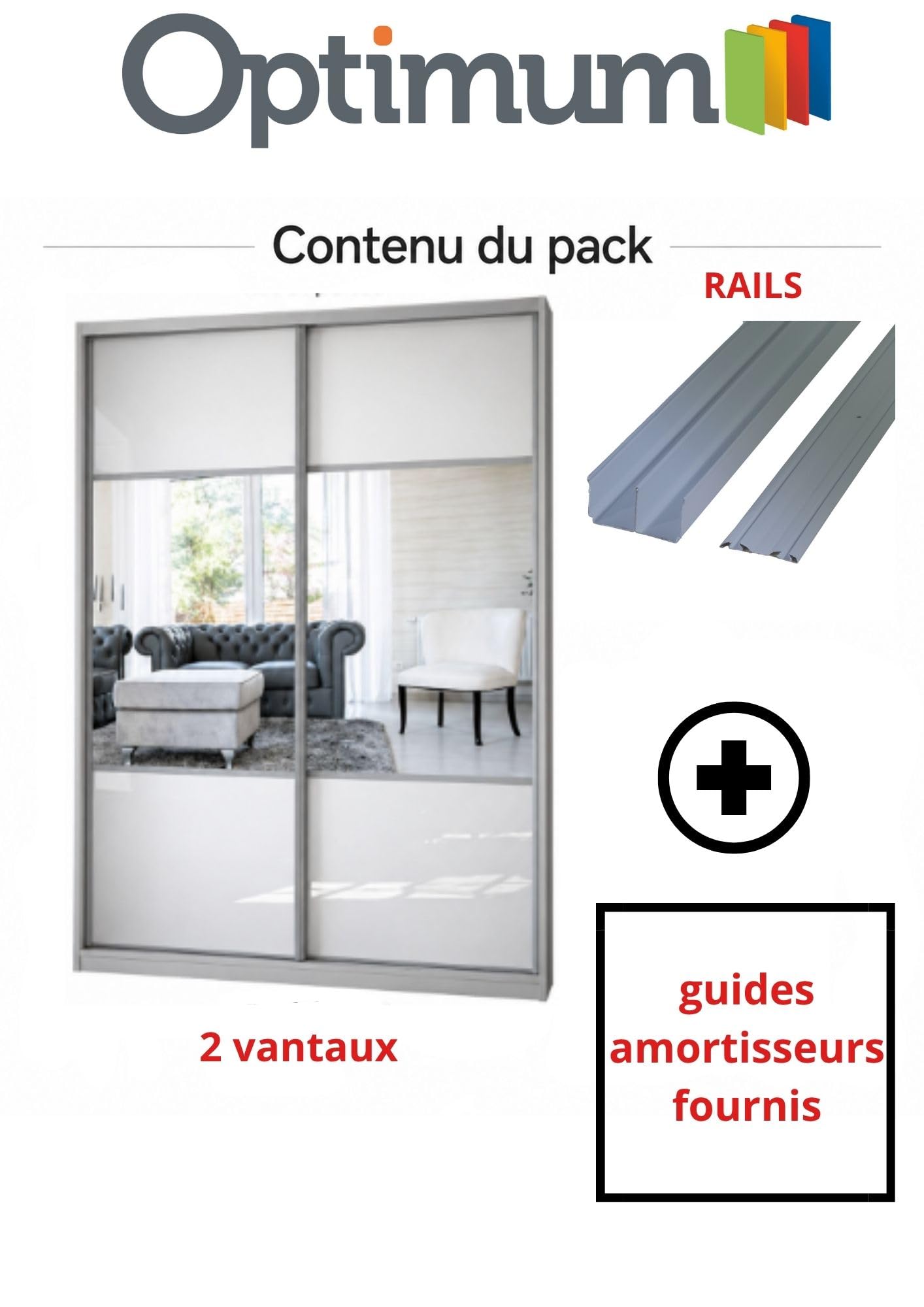2 portes de placard coulissantes, hauteur 250 cm, largeur totale 150 cm, décor brillant blanc, partitionné miroir argent, profils et rails gris inclus
