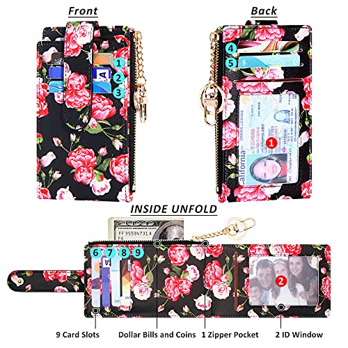 Image of Badiya Slim Women Wallet RFID Blocking Bifold Compact 9 Card Slots Holder Wallets Soft Leather with Zipper Coin Pocket 2 ID Window