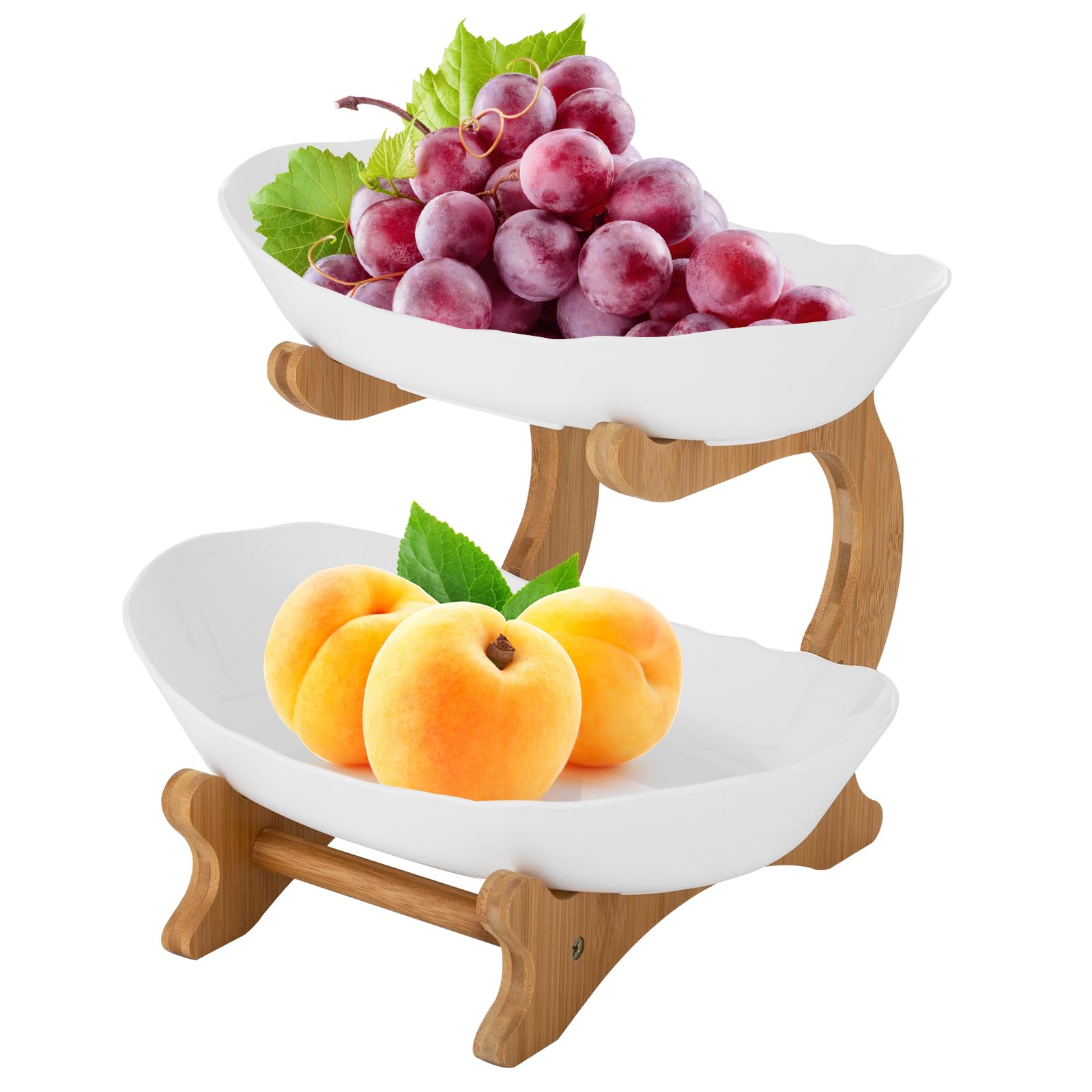 Obst Etagere mit 2 Etagen, Obstkorbständer Obstserviertablett mit Weiße Servierplatte für Gemüse, Obst, Snacks, Buffets, Desserts