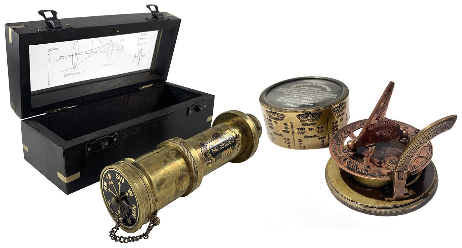 Sailor Antique Brass Telescope in Black Wooden Box + Copper Brass Finish Sundial Compass Attractive Beautiful Christmas Decoration Gifts