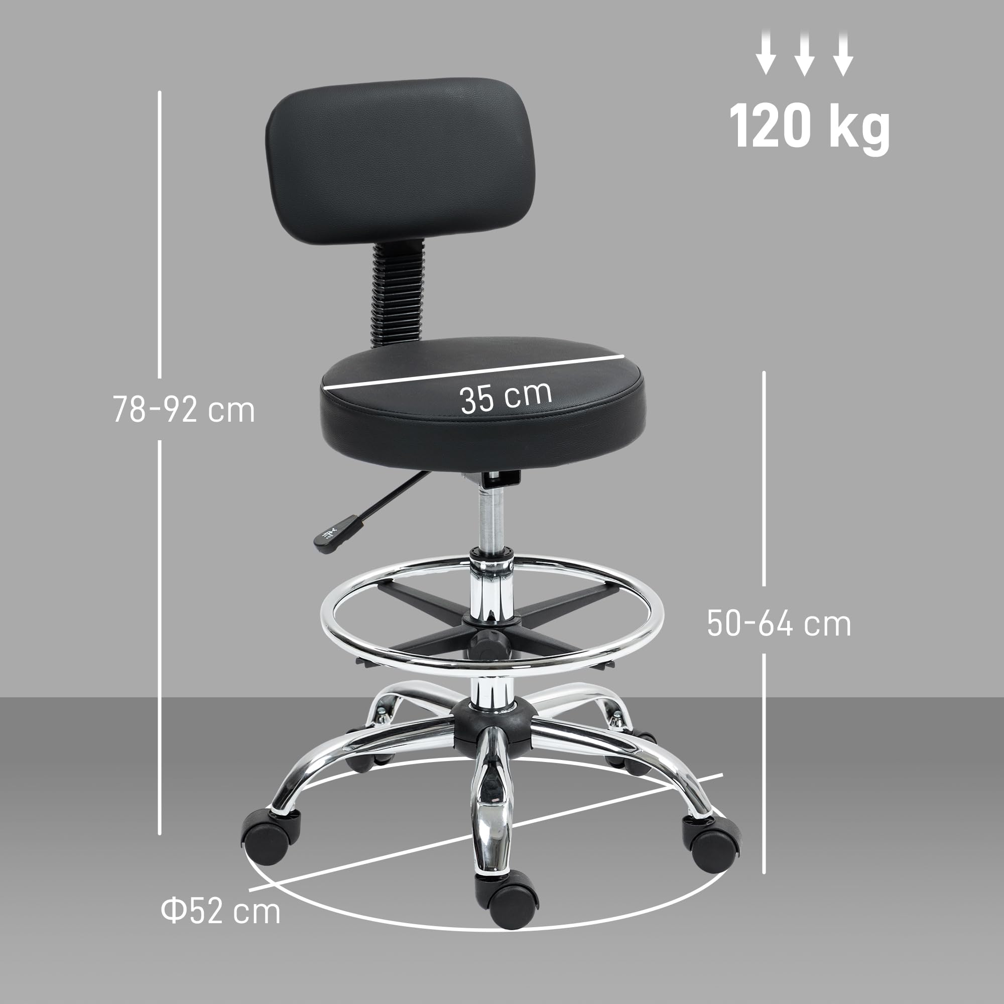 HOMCOM Taburete Giratorio, Taburete con Ruedas y Respaldo, Reposapiés, Altura Ajustable, Tapizado en Cuero Sintético, para Oficina, Dormitorio, Negro