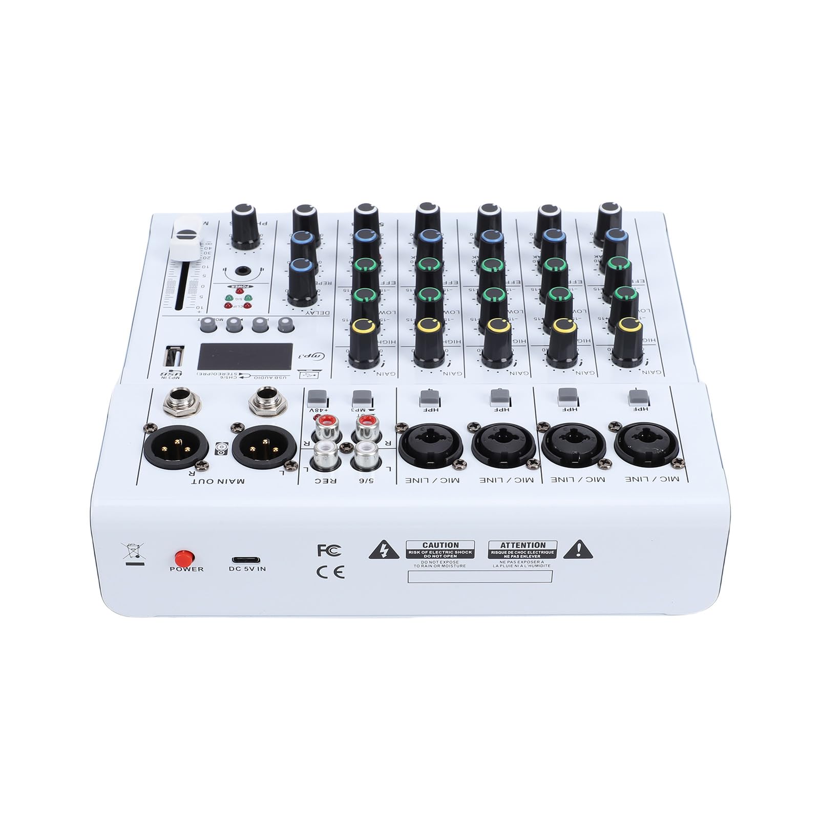 Walmeck 6-Kanal-Mini-Soundmixer, DJ-Controller, Professionelle Aufnahme-Soundkarte mit BT-MP3-Player, 48 V Phantomspeisung, Integrierter Gitarrenverstärker, Tragbare Mischkonsole für (Weiß)