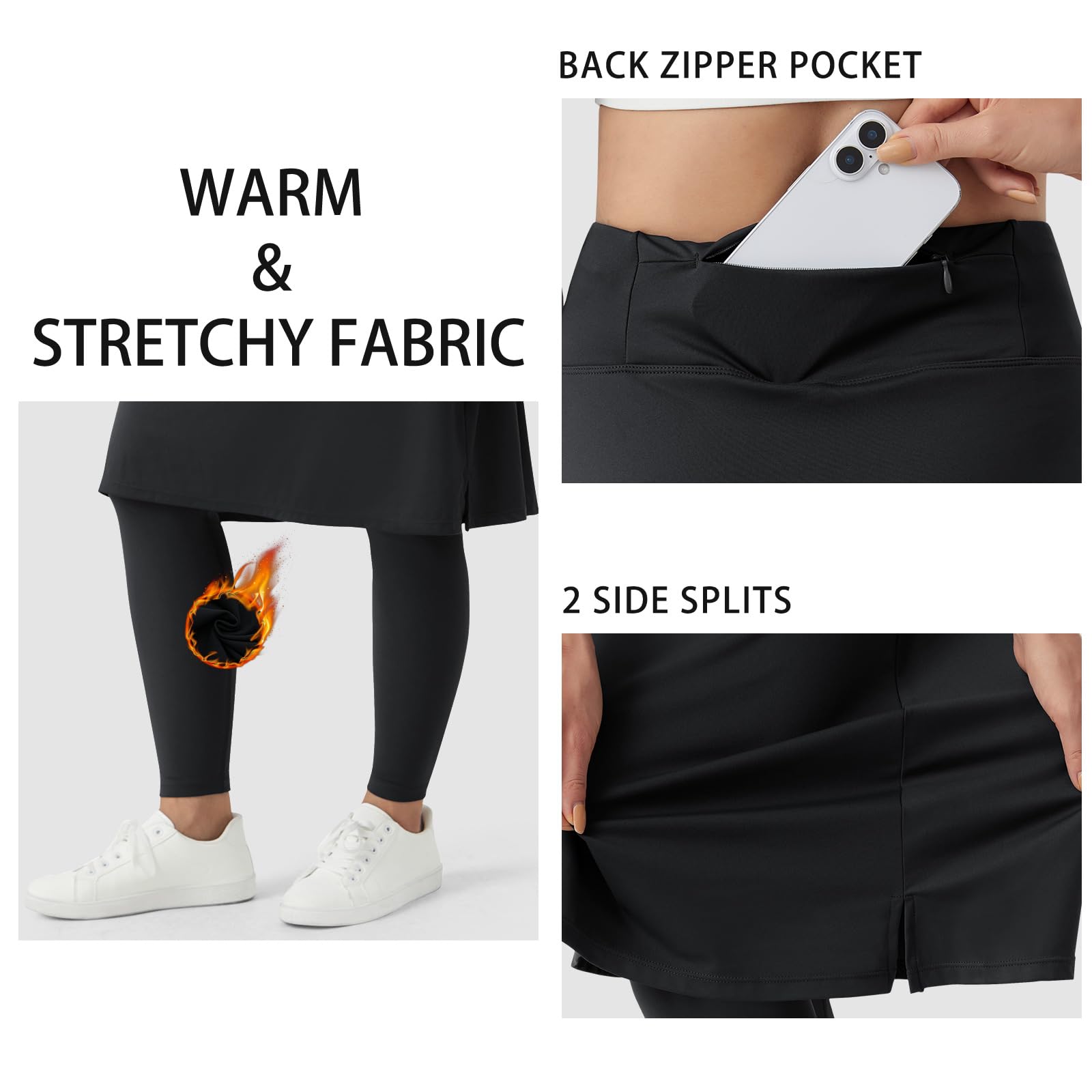 beroy Knielanger Damenrock mit Fleece, volle Leggings, athletischer Tennis-Skorts, bescheidene Rock-Leggings, Taschen
