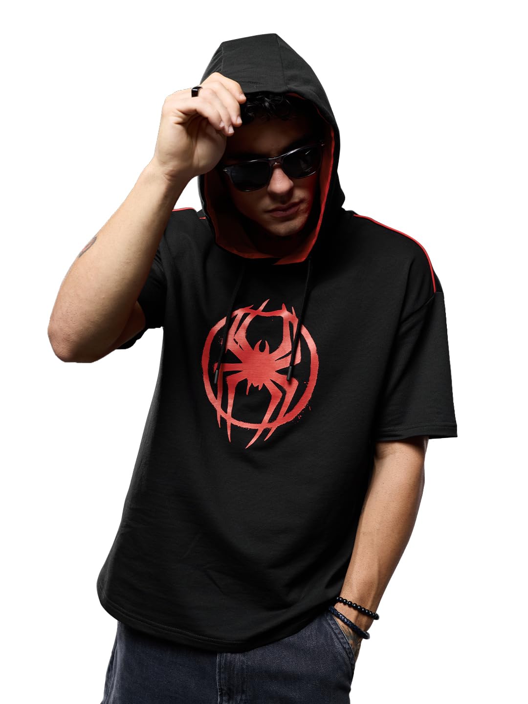 the souled store Official Spider-Man: Saving The Spider-Verse Mens Regular Fit Half Sleeve Graphic Printed Cotton Black Color Hooded T-Shirt Men's T-Shirts Graphic Tees Casual Fashion-picture-35