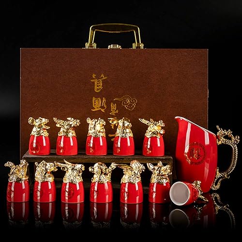 Miniatura 1 de Doce signos del zodíaco chino, 13 piezas, juegos de bar, licor de vino, porcelana, 1 pote y 12 tazas, juego de obras de arte hechas a mano,