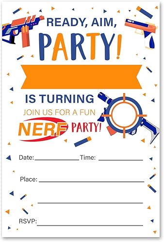VAHATAN Invitaciones de fiesta de cumpleaños de pistola de dardos, paquete de 20 invitaciones de cumpleaños Nerf Wars con sobres, invitaciones de