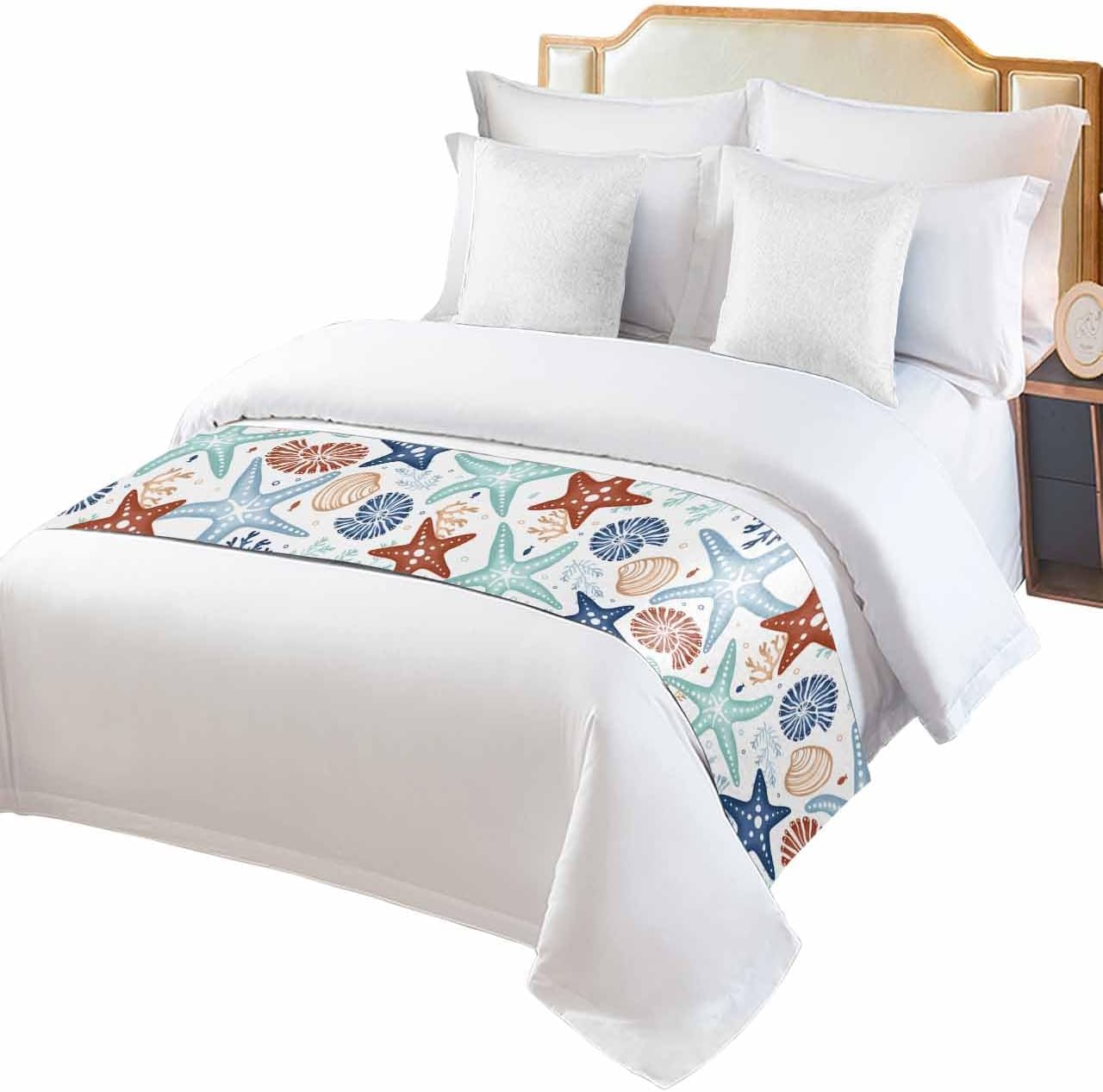 Blue Khaki Coral Bed Runner for King Size Bed, Bedspread Protector Slipcover Bed Scarf for Foot Bed Runners & Scarves for Bedroom Hotel 102x20 Spring Summer Coastal Starfish Beach Nautical Conch