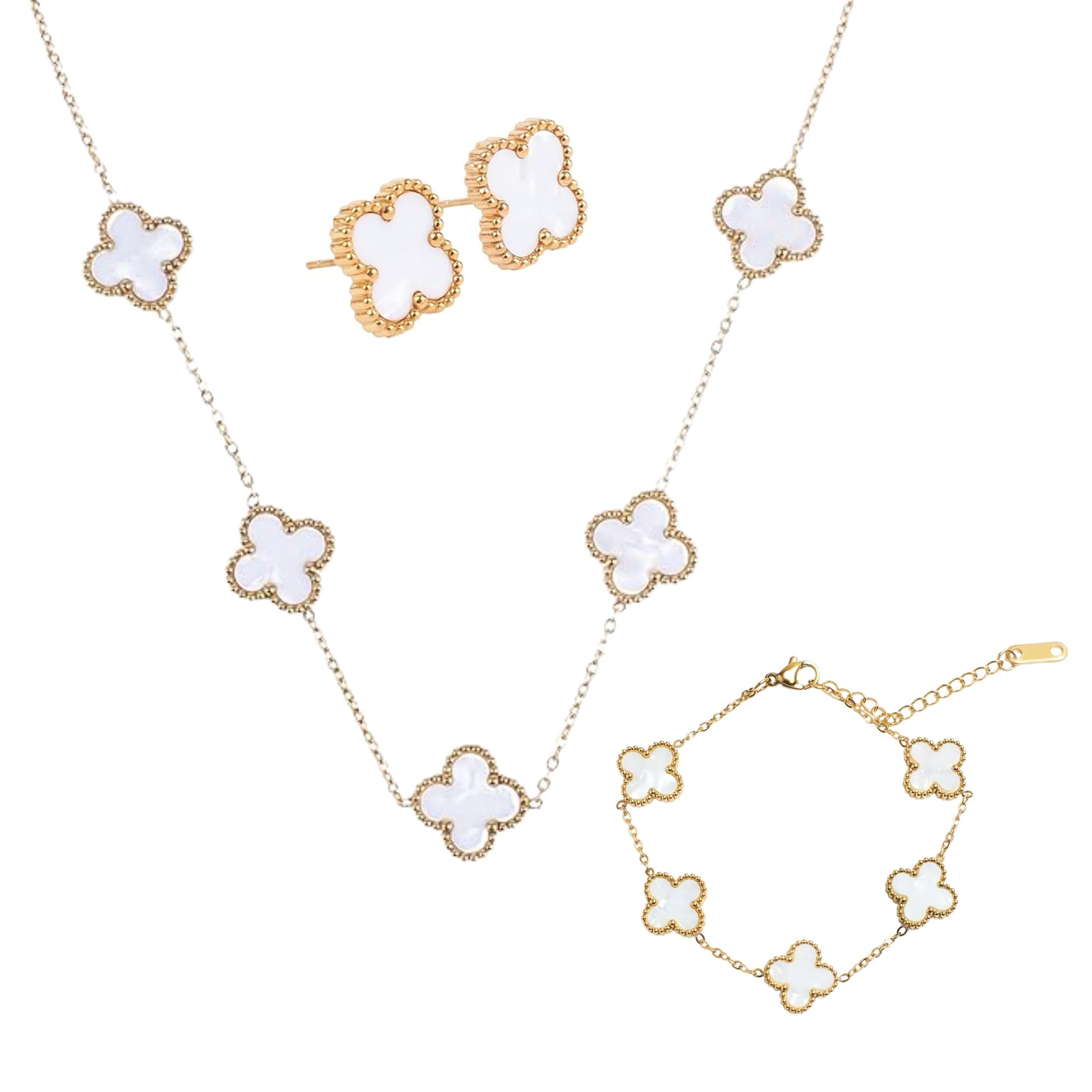 Anti Tarnish Fancy White Clover Gift Box | Necklace, Earrings & Bracelet Jewellery Set for Women | Latest Stylish Jewelry Sets | Modern Design Aesthetic Accessories | Ideal for Gifting | Gift for Diwali, Christmas, Marriage, Birthday