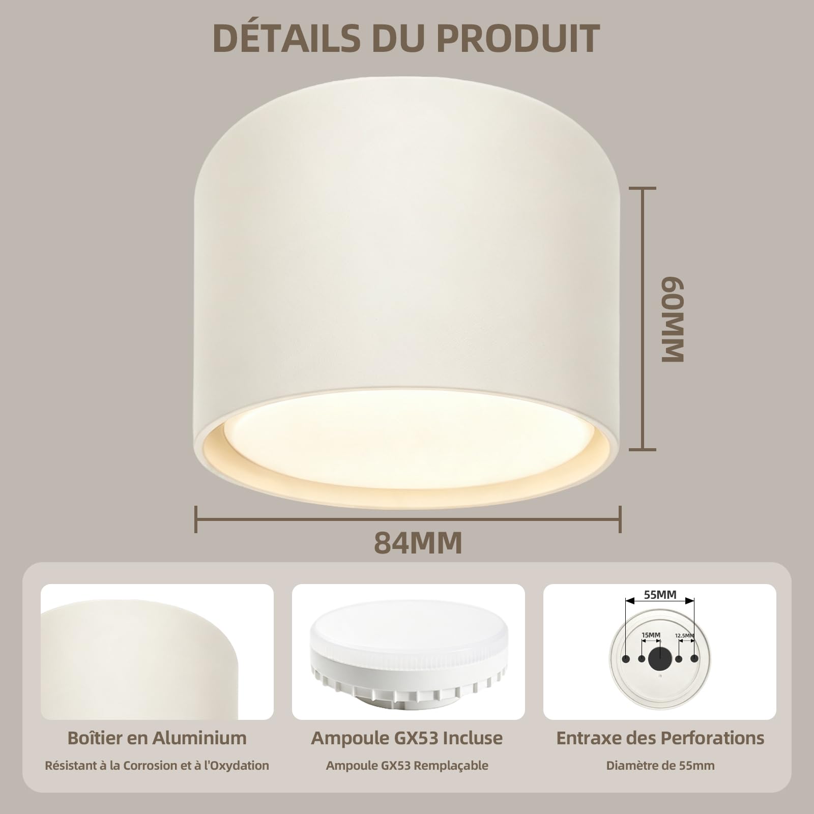 Spot en Saillie, Plafonnier Spot avec GX53 Ampoule Remplaçable