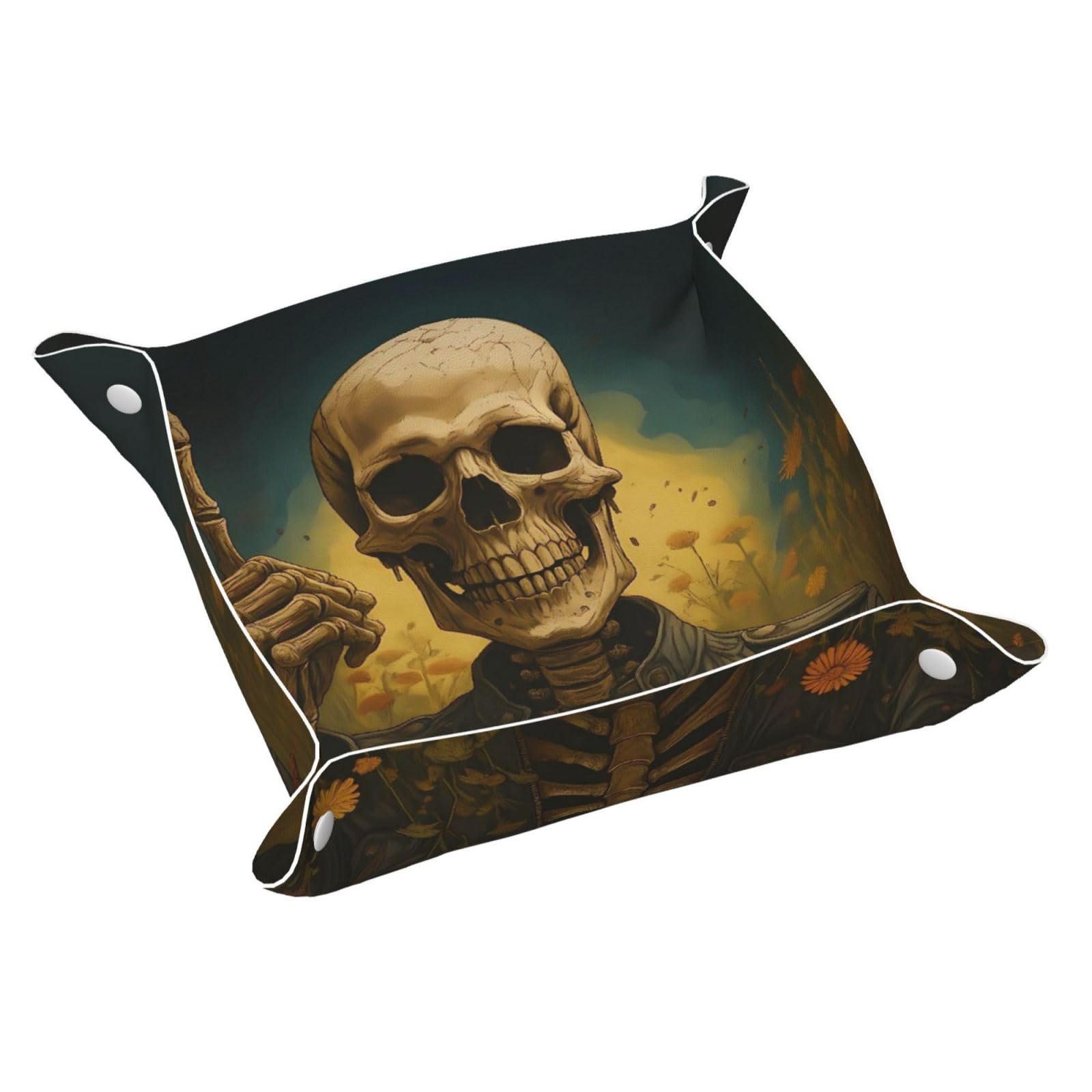 HLBSDM Halloween Skeleton & Wildflower Field Tray Men's Leather Valet Parking Portable Entrance Trays Bedside Storage Box